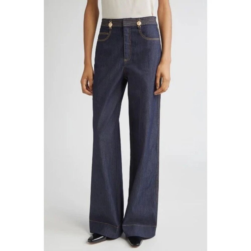 Cinq a Sept Bev Jeans High Waist Wide Flare Leg Dark Gold Medallion Women 12